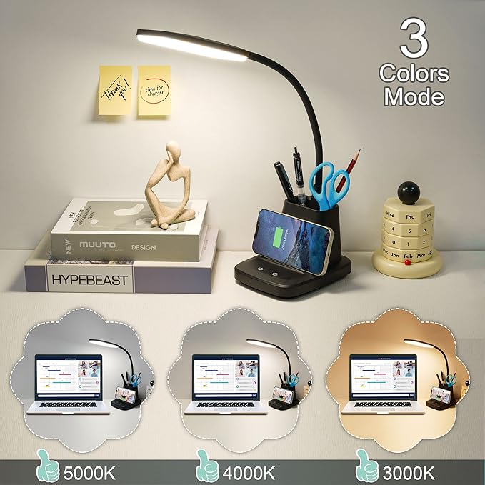 Sailstar Desk Lamp, LED Desk Lamps for Home Office, Wireless Charger Small Desk Lamp with Pen Holder, 3 Color Modes, Dimmable, CRI 85, 800LM, Study Lamps for College Dorm Room, Adapter Included, Black