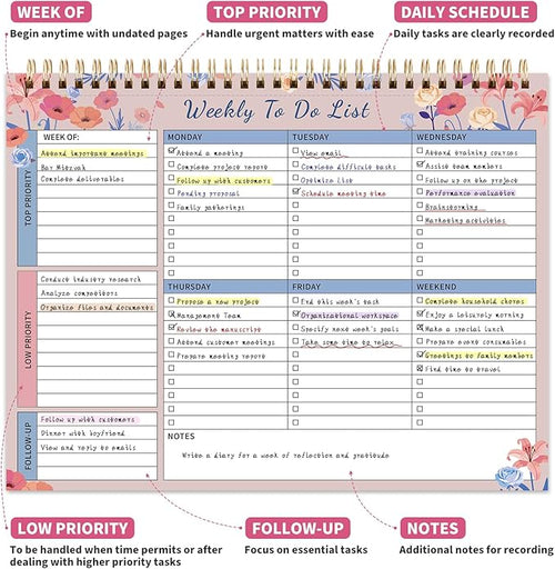104 Pgs Weekly To Do List Notepad, 52 Duplex-Printed Undated Sheets 100 GSM（8.5"×11") Weekly Desk Planner For Work Home School Office Desk Accessories Supplies & Goal Setting Tasks -Pink Floral