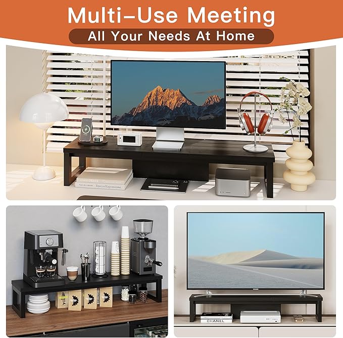 HEWORLIF Dual Monitor Stand Riser, Wood and Steel Monitor Stand for Desk, Multi-Purpose Desk Shelf Organizer for Computer, Laptop, Printer, TV, Black