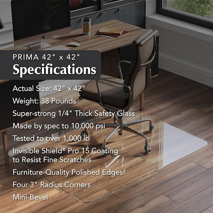 Vitrazza Glass Chair Mat 42” x 42” Superior ¼" thick, Chiaro Standard Clear, Certified Tempered Safety Glass, Delivers a Smooth Glide, Protects Carpet or Wood, Beautiful in Home or Office.