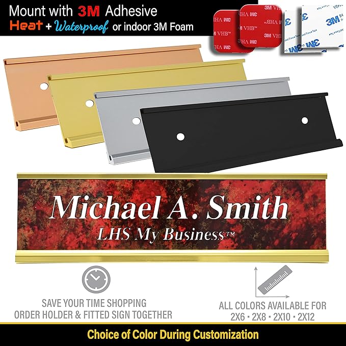 Custom Name Plate with Choice of Mounting for Walls, Doors, Cubicles, Hanging and More - Personalized Gloss Black Plastic Gold Letters - USA Made 2x10 - B3