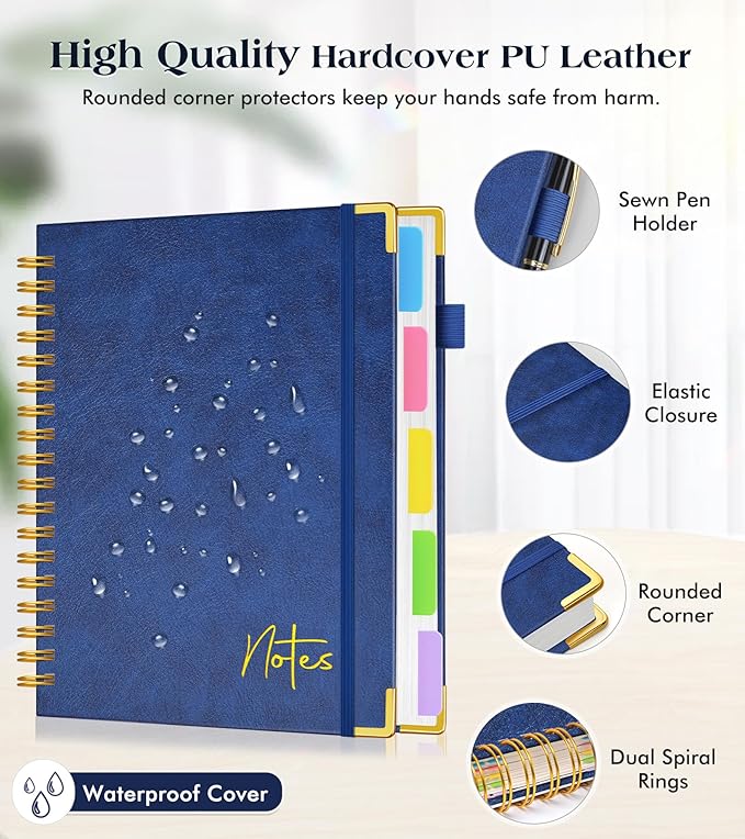 Spiral Notebook Journal with Removable Dividers Tabs, 300 Pages Hardcover Leather 5 Subject College Ruled Notebook, 8.5"x11" Large A4 Lined Journal for Women Men, Spiral Notebook for Work School, Navy