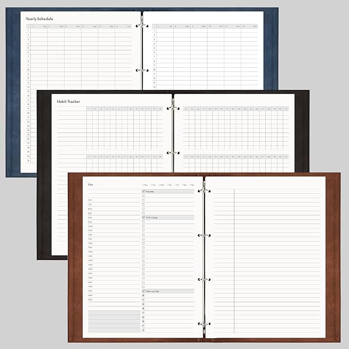 EMSHOI Undated Daily Planner - A4 Large To Do List Notebook Appointment Book for Productivity Time Management, with Hourly Planner Refills, Hardcover Binder Leather Journal - 240 Pages, 9.2x12