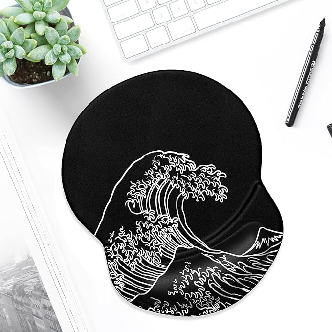 ITNRSIIET Ergonomic Mouse Pad with Gel Wrist Support Small Wrist Rest Smooth Surface Non-Slip PU Base Comfortable Office Supplies Pain Relief, 8.7 x 7.2 inches, Rolling Wave