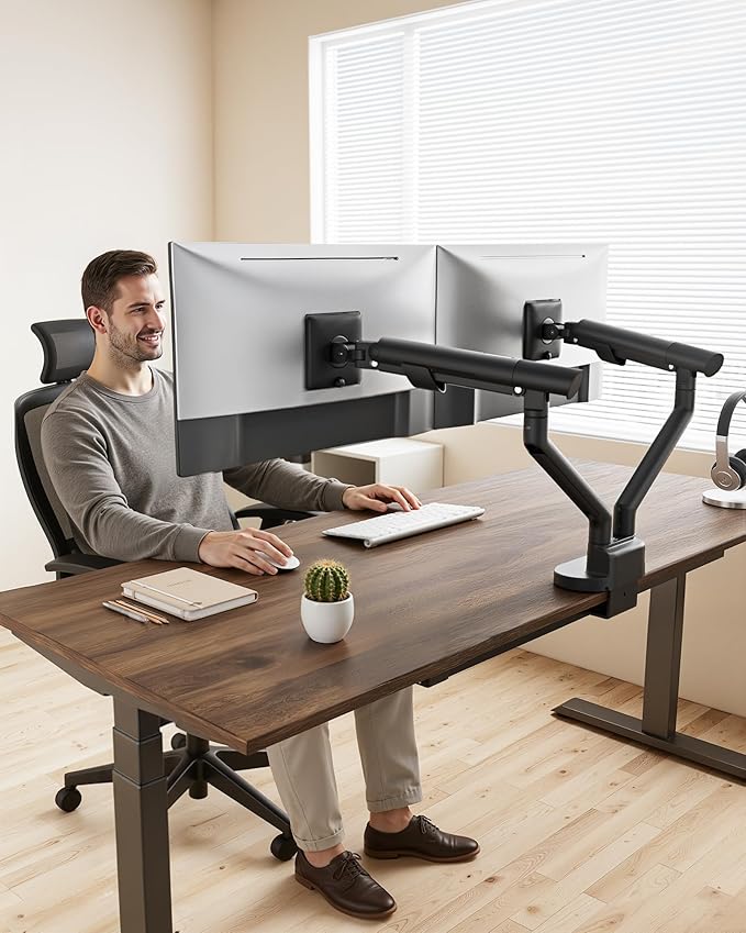 monTEK Dual Monitor Stand Mount with USB for Up to 35" Screens, Each Arm Holds Max 24.25lbs, Full Motion Adjustable Monitor Arm Desk Mount with C-Clamp/Grommet MA1010UCBK-D
