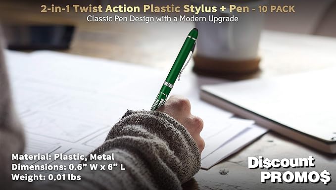 DISCOUNT PROMOS Custom Twist Action Plastic Stylus Pens, Set of 10, Personalized Bulk Pack - Pens for Work, Cool Pens for Writing, Black Ink - Green