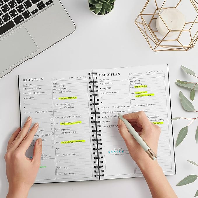 Daily Planner Undated, Asten To Do List Notebook Hourly Schedules Spiral Appointment Planner for Men and Women,PVC Hardcover,Elastic Closure, Inner Pocket 8.3" x 5.8" (Black)