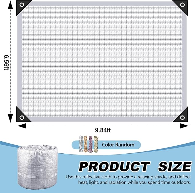 99% Aluminet Shade Cloth Reflective Tarp 6.5 x 10 ft Aluminium Cloth Porch Privacy Screen with Grommets for Car Garden Pergola Patio Sun Shade Kennel Cover Durable Mesh Canopy Cover Easy Setup