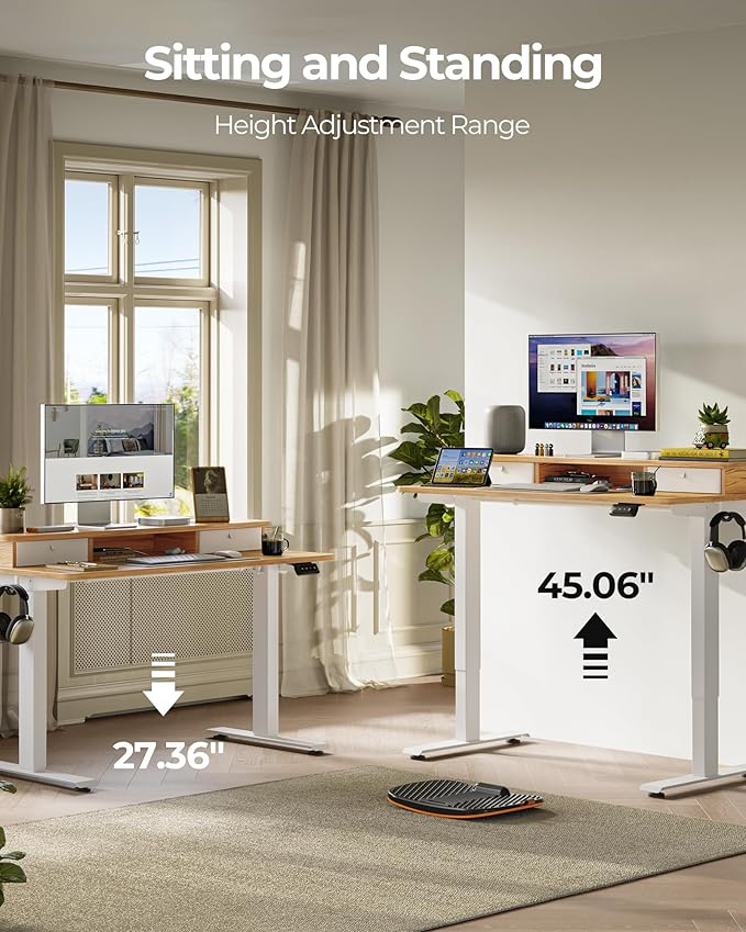 FEZIBO 48'' x 24'' Standing Desk with Double Drawers, Adjustable Desk, Home Office Stand Up Table with 4 Height-Adjustable Feets & 2 Hooks, Light Rustic