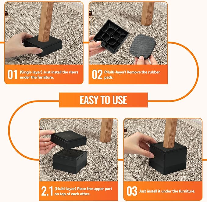shouwuhho Furniture Risers, 16 Pack Bed Risers with Non-Slip Grip and Heavy Duty Support, 1 Inch 2 Inch 3 Inch 4 Inch Height Lift for Couch, Sofa, Table, Desk, Chair, Refrigerator - Black, 1 Inch