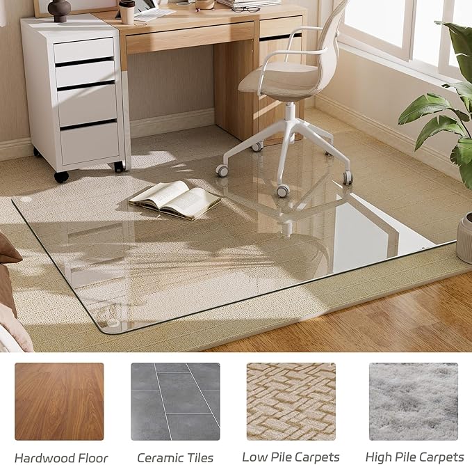 GLSLAND 48" x 60" Tempered Glass Chair Mat Rectangle Heavy-Duty Floor Protector for Carpet Hard Floors Scratch-Resistant Office Computer Desk Mat 1/5" Clear