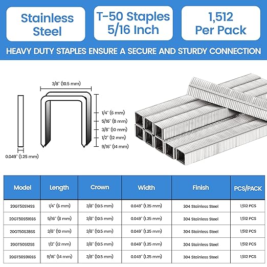meite T-50 Stainless Steel Staples Marine, 5/16 Inch Heavy Duty Staples for Staple Gun - 20 Gauge 3/8 Inch Crown T-50 Upholstery Staple for Salt Water, Marine Applications (5 Packs)