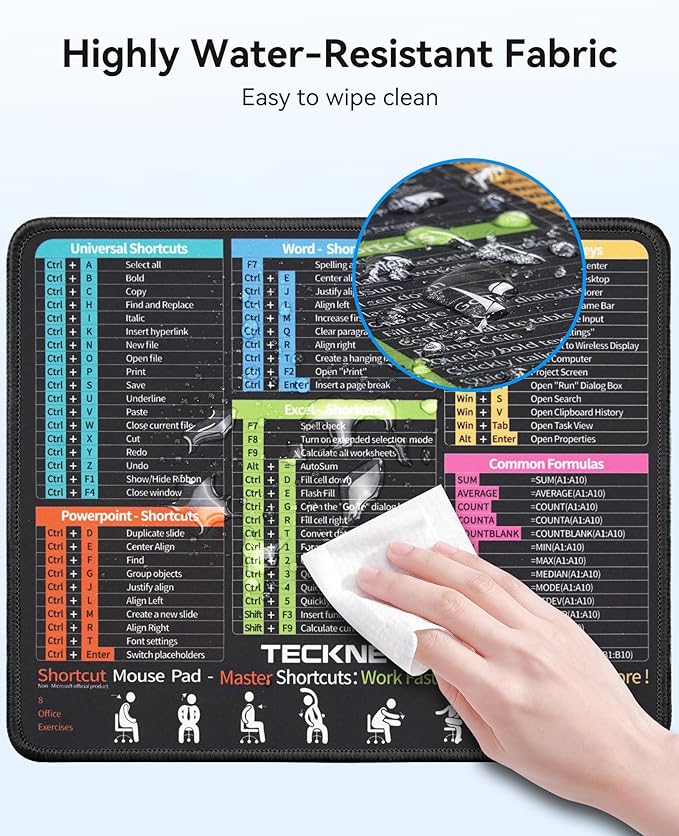 TECKNET Shortcut Mouse Pad for Excel Word PowerPoint Windows, Non-Slip Waterproof Office Desk Mat-11.6x9.8 Inch, 68 Keyboard Shortcuts, Portable Computer Mousepad, Durable, Clear Printing, Black