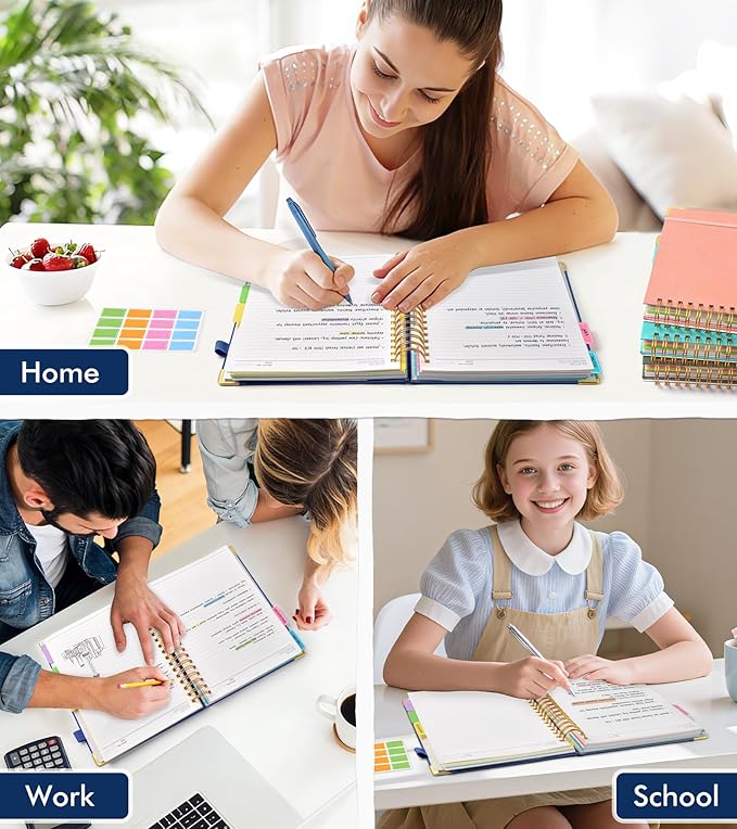 Spiral Notebook Journal with Removable Dividers Tabs, 300 Pages Hardcover Leather 5 Subject College Ruled Notebook, 6.1"x8.2" Large A5 Lined Journal for Women Men Spiral Notebook for Work School,Navy