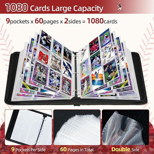 1080 Pockets Baseball Card Binder 9 Pocket, Trading Card Binder With 60 Removable Sleeves, Baseball Card Holder Sports Card Collection Binder Top Loader Binder For MTG, TCG, Game Gifts For Boys