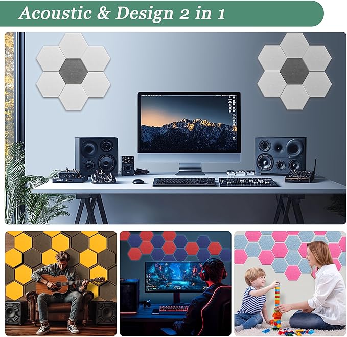 Hexagonal Acoustic Panels-12 Pack High-Density Sound Absorbing Panels 12"X10"X0.4" for Enhanced Noise Reduction, DIY Design, Idea for Studios, Offices, and Home Theaters(Silver Gray)