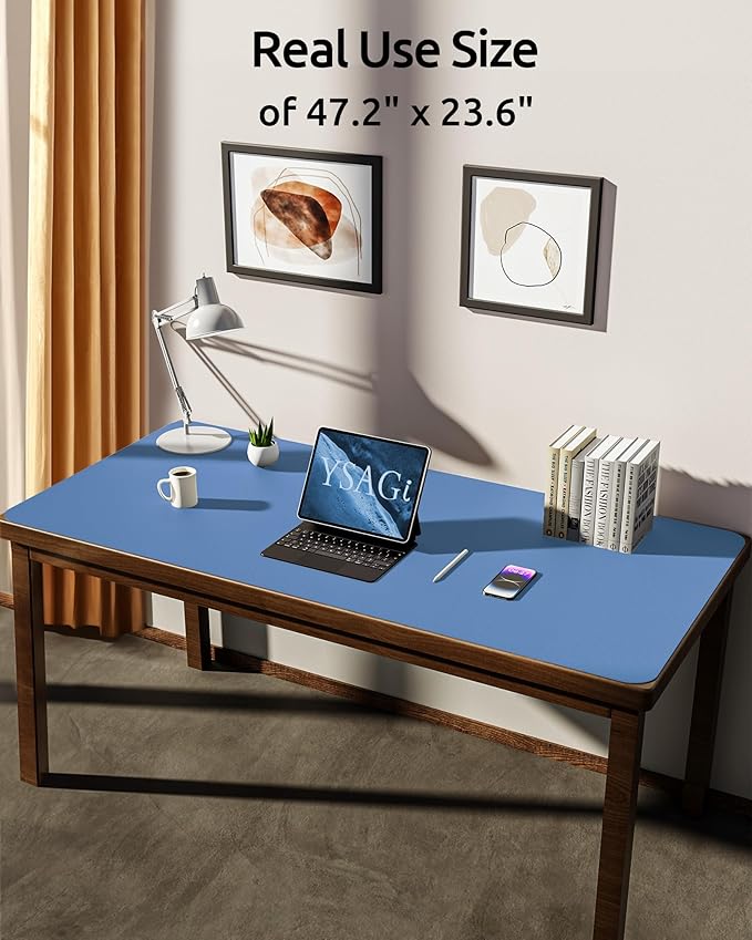 YSAGi Leather Desk Protector, Office Mat, Large Mouse Mat, Non-Slip PU Leather Blotter, Laptop Desk Mat, Waterproof Writing Pad for Office and Home (Sea Blue, 47.2" x 23.6")
