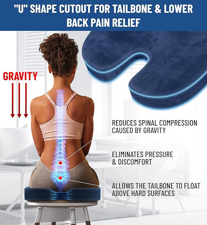 Everlasting Comfort Doctor Recommended Memory Foam Seat Cushion for Office Chairs & Car - Ergonomic Office Desk Accessories - Cushions for Tailbone Pain Relief, Sciatica (Navy Blue, Large)