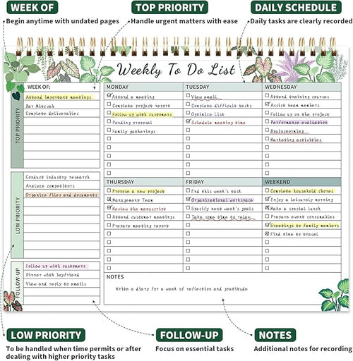 104 Pgs Weekly To Do List Notepad, 52 Duplex-Printed Undated Sheets 100 GSM（8.5"×11") Weekly Desk Planner For Work Home School Office Desk Accessories Supplies & Goal Setting Tasks - Green Foliage
