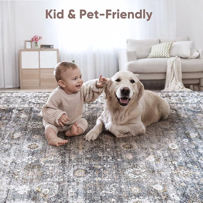 Rugcomf 8x10 Rug Washable Boho Soft Large Area Rug Non-Slip Faux Wool Vintage Rug for Living Room, Farmhouse, Dining Room, Indoor, Kids Playroom (Grey)