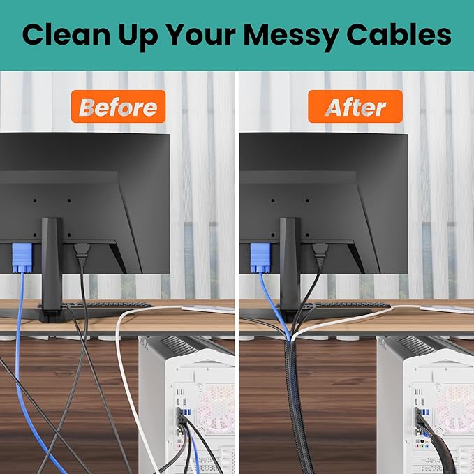 Cable Management Sleeve 10ft (120 inch) - 1/2 inch, PET Expandable Braided Cord Organizer, Split Wire Loom Tubing Reversible Cord Protector for TV USB PC Ethernet Cable Hider Protect Pets Kids