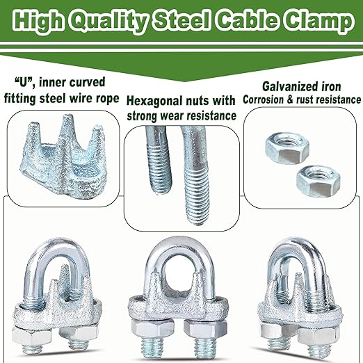 120PCS M6 Galvanized Zinc-Plated Wire Rope Cable Clamp Clips, 1/4" Wire Cable Clamps with U-Bolt Saddle Fasteners for Secure Rigging & Marine Use