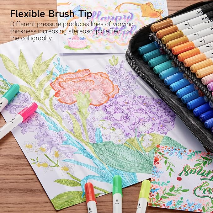 Shuttle Art Dual Tip Brush Pens, 70 Colors, Fine and Brush Dual Tip Markers Set, Portable Storage Case, Ideal for Calligraphy, Coloring, Doodling, Writing