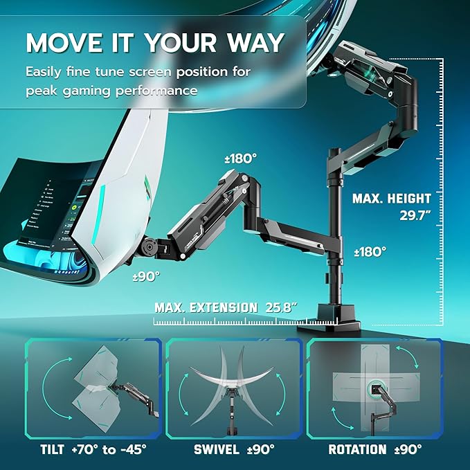 ARES WING Vertical Dual Monitor Mount - 24-57" Aluminum Heavy Duty Monitor Arms for 2 Monitors, Fully Adjustable Gas Spring Stacked Monitor Stand with 75/100/200 Vesa Mount, Black