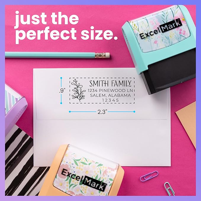 ExcelMark Address Stamp - Custom Return Address Stamp with Elegant Designs, Vibrant Colors & Patterns – Perfect for Mail, Invitations & Gifts (Peach Mount, Foliage Edge)