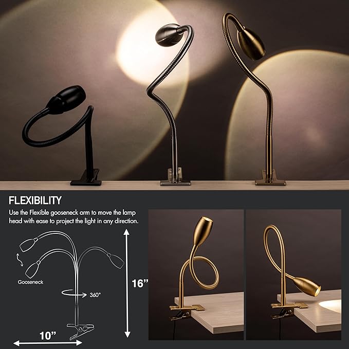 O'Bright Lumos - Versatile Clip-on Lamp: Zoomable Spotlight, Dimmable LED, Flexible Gooseneck, 4000K Light, 100% Metal Clamp - Ideal for Reading, Crafting, Work, and Headboards, Brushed Nickel