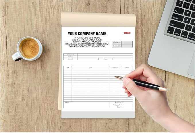 Custom Carbonless Invoice Book with Logo, Personalized Cover & Inner Pages, 2 Part NCR Receipt & Work Order Forms, Easy Tear, Writing Shield for Small Business (Upload Your Design, 11.8x8.3INCH)