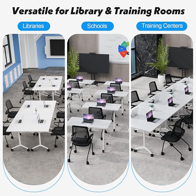 Goakwwuz Conference Room Table, Folding Conference Tables,Thicken Grey Tabletop,Flip Top Wooden Seminar Meeting Room Table for Conference Room Offices (2, White, 70.8”)