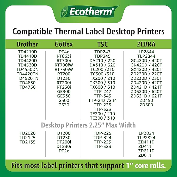 2.25" x .5" Thermal Labels | 6 Rolls | 25200 Labels | fits Zebra, Munbyn, Rollo, Godex, Arkscan, iDPRT, Offnova Thermal Label Printers and More | Blank White Adhesive Stickers by Ecotherm