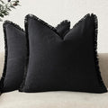 Foindtower Set of 2 Decorative Linen Fringe Throw Pillow Covers Cozy Boho Farmhouse Cushion Cover with Tassels Soft Accent Pillowcase for Couch Sofa Bed Living Room Home Decor, 16×16 Inch, Black