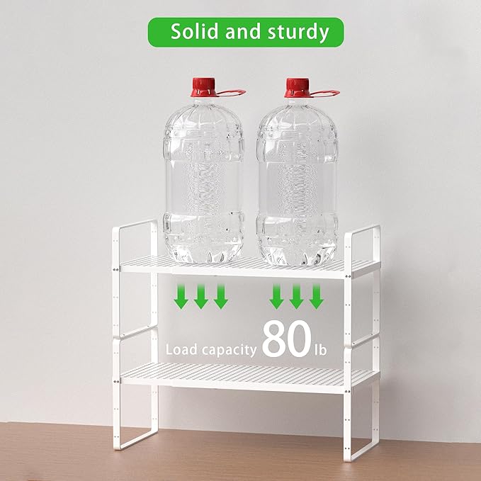 SOFRON Expandable Cabinet Storage Shelf Stackable Organizer Rack for Kitchen Bathroom Pantry Spice Cupboard Coffee Countertop Home Office Desk Heavy Duty Nonslip White Large 1 Pack