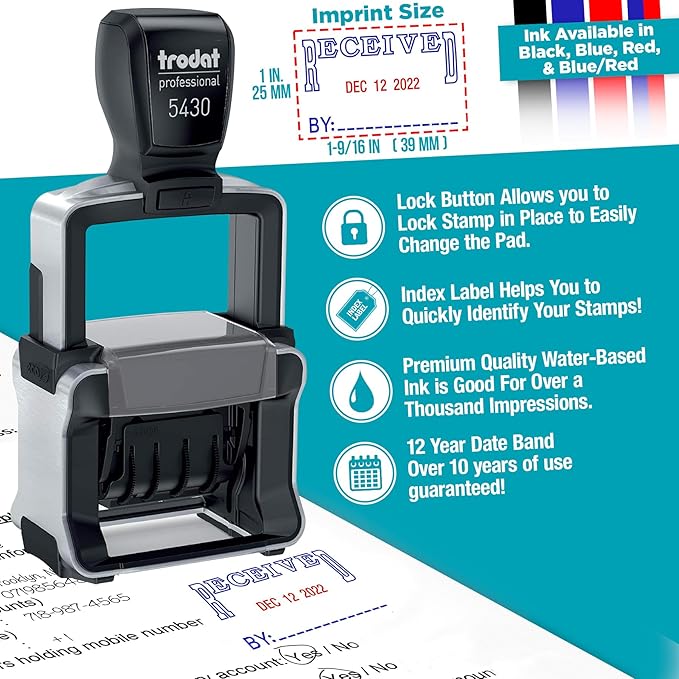 Trodat 5430 Professional Self-Inking Date Stamp with Entered - Red Ink