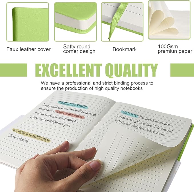 EMOMAS Lined Journal Notebook, 6Pack Hardcover Notebook for Men & Women – Journals for Writing, Work, School, Home & Daily Notes, 160 Pages – Medium A5, 5.7"x8", 100 gsm Thick Paper (Grass Green)