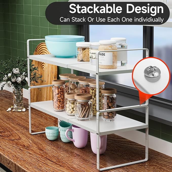 jkxoo 16.5-27’’L Expandable Cabinet Shelf Organizers, Stackable Metal Shelves Extender for Kitchen Countertop Storage, Adjustable Spices Shelves Rack Stand for Cupboard Pantry, White
