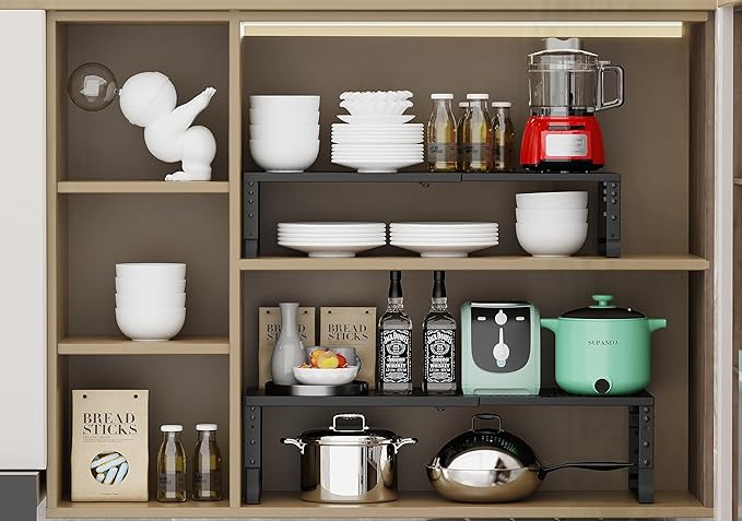 Jojocross Expandable Adjustable Stackable Kitchen Organizer, Spice Rack,Metal Pantry Storage Shelves Racks,Counter Shelf for Cabinets, Countertop, Cupboard(1 Pack/Large/Black)