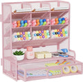 Marbrasse Larger Mesh Desk Organizer with Drawer, Multi-Functional Pen Pencil Holder, Easy Assembly, Desk Organizers and Accessories for Office Art Supplies (Pink)