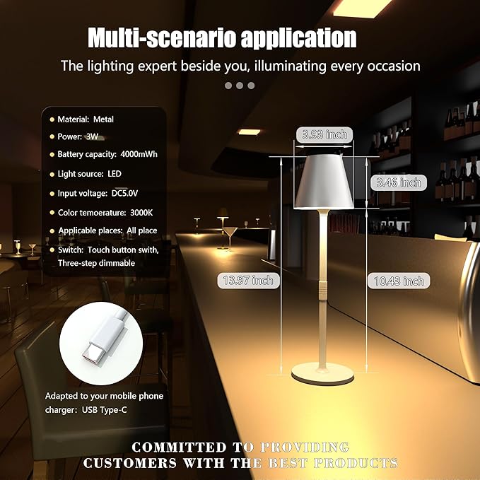 Timjorman Modern LED Cordless Table Lamp, 4000mAh Rechargeable Battery, 3 Level Brightness Night Light, Metal Shell, Minimalist Design, for Couples Dinner/Coffee Table/Restaurant/Bedroom, White