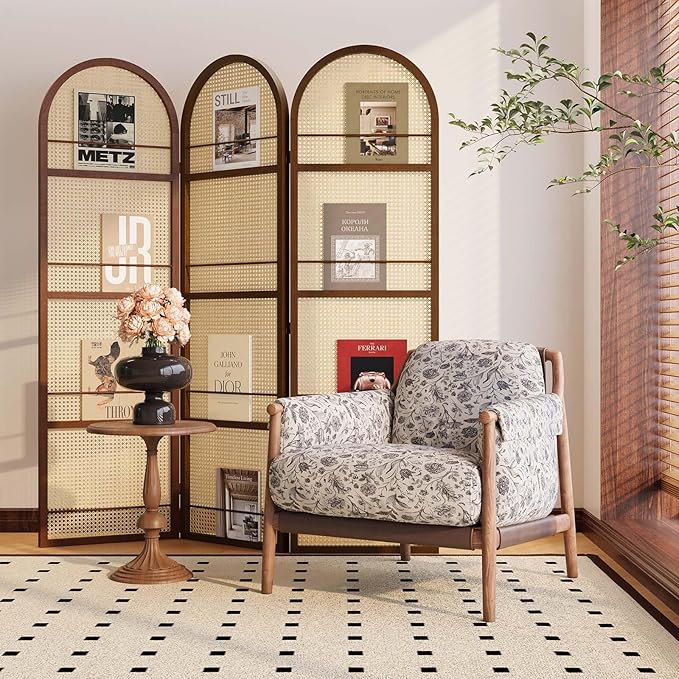Rattan Room Divider with Bookshelf,Privacy Screen for Home Office & Bedroom,Portable Partition, Wooden Frame