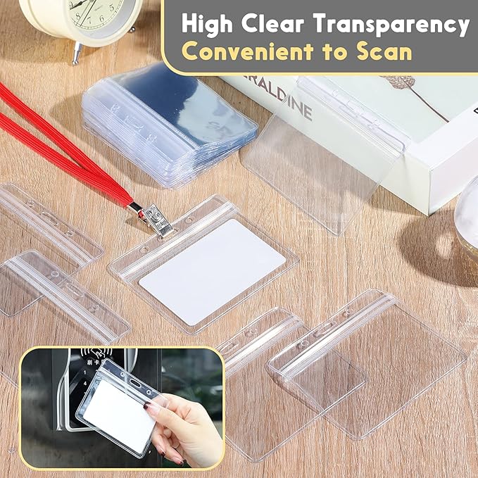 Marspark 500 Pieces Clear Plastic Horizontal Name Badge ID Card Holders with Waterproof Type Resealable Zip, 3.54 x 2.36 in, Transparent PVC Sleeve for Office Back to School Supplies