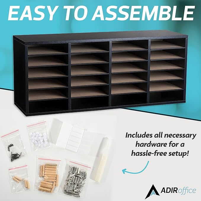 AdirOffice Wooden Adjustable Literature Organizer, 24 Compartment Office Mailbox, or Classroom Literature Organizer, Black