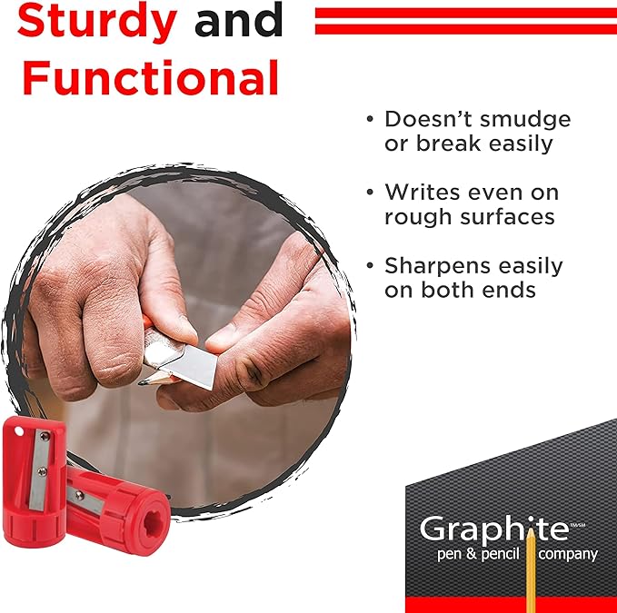 GRAPHITE Hard Lead Carpenter Pencils Bulk - (1) Pack of 12 Pieces Lumber Wooden Pencil #2 (HB) - Red