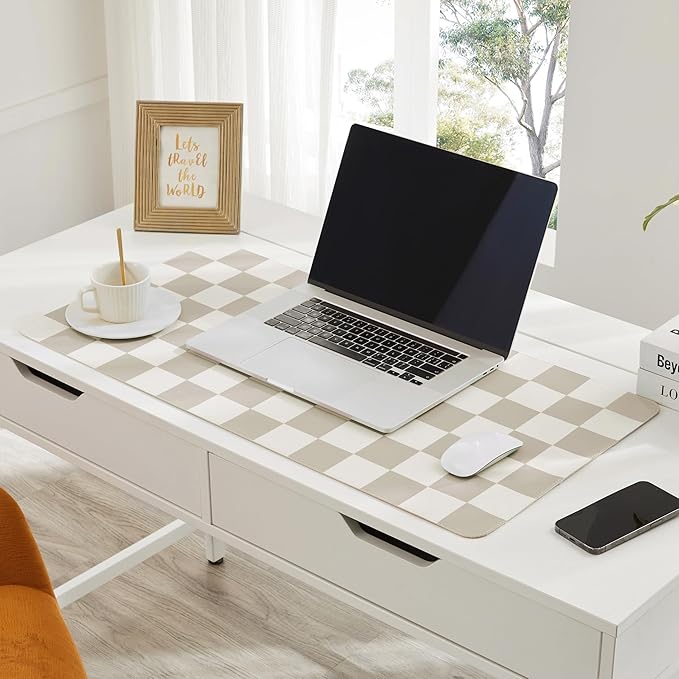 Ohocut Checkered Desk Mat, Large Cute Aesthetic Retro PU Leather Computer Laptop Desk Mat, Non-Slip Waterproof Mouse Keyboard Pad, Desk Writing Mat for Work/Home (Khaki, 23.6" x 13.7")