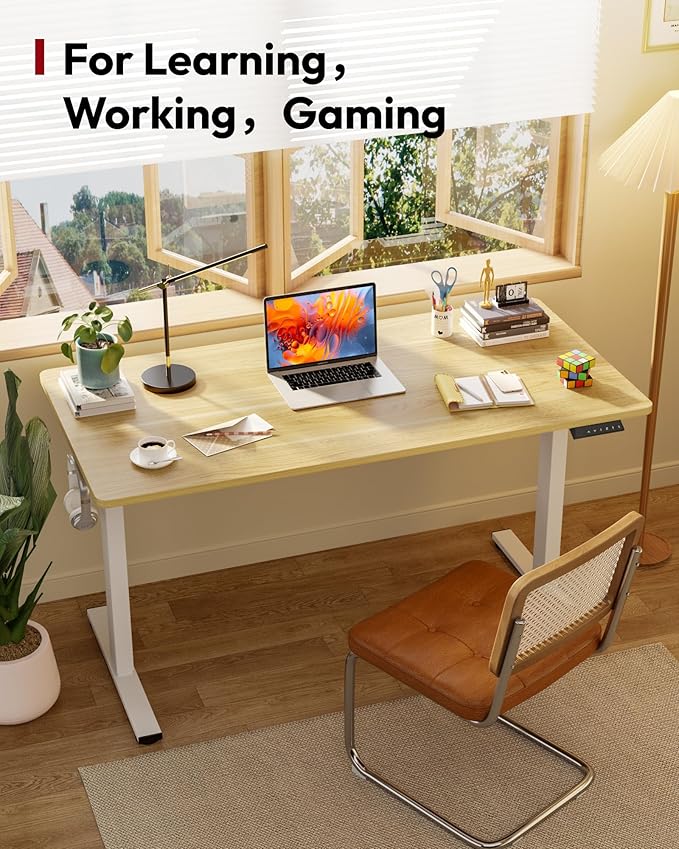 SANODESK Electric Standing Desk 55 x 28 Inches Whole-Piece Desktop Height Adjustable Stand Up Desk w/6-Button Controller Ergonomic Computer Desk for Home Office, White Frame + Natural Tabletop