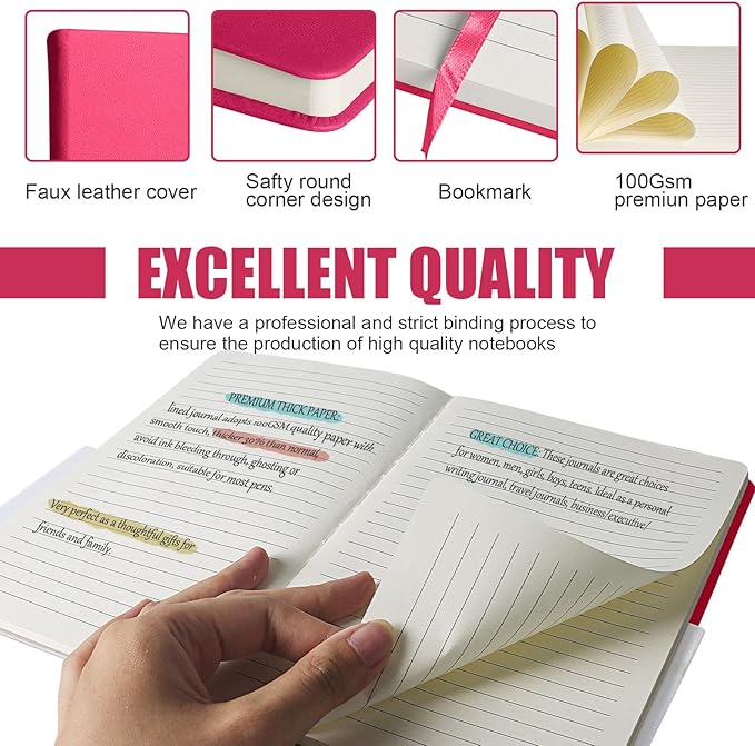 EMOMAS Lined Journal Notebook, 10Pack Hardcover Notebook for Men & Women – Journals for Writing, Work, School, Home & Daily Notes, 160 Pages – Medium A5, 5.7"x8", 100 gsm Thick Paper (Rose Red)
