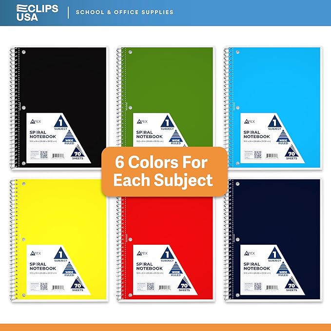 E-CLIPS USA Spiral Notebook, Wide Ruled Notebooks (48 Pack Bulk), 70 Sheets, Single Subject, Notebooks Bulk, 6 Color Assortment, 3 Hole Perforated Sheets (48, Wide Ruled)