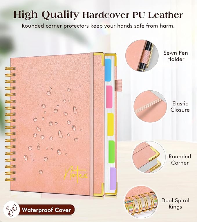 Spiral Notebook Journal with Removable Dividers Tabs, 300 Pages Hardcover Leather 5 Subject College Ruled Notebook, 8.5"x11" Large A4 Lined Journal for Women Men, Spiral Notebook for Work School, Pink